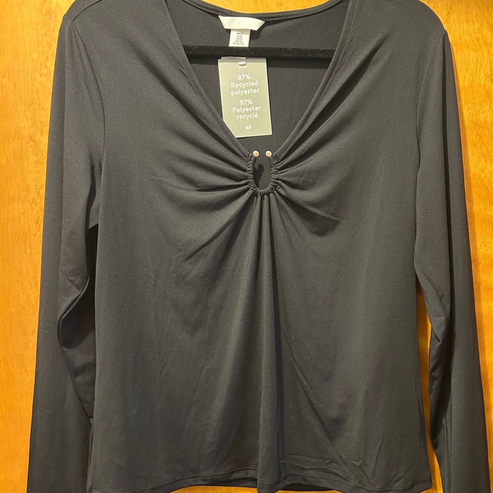 H&M Black Long Sleeve Top with Ruched Front